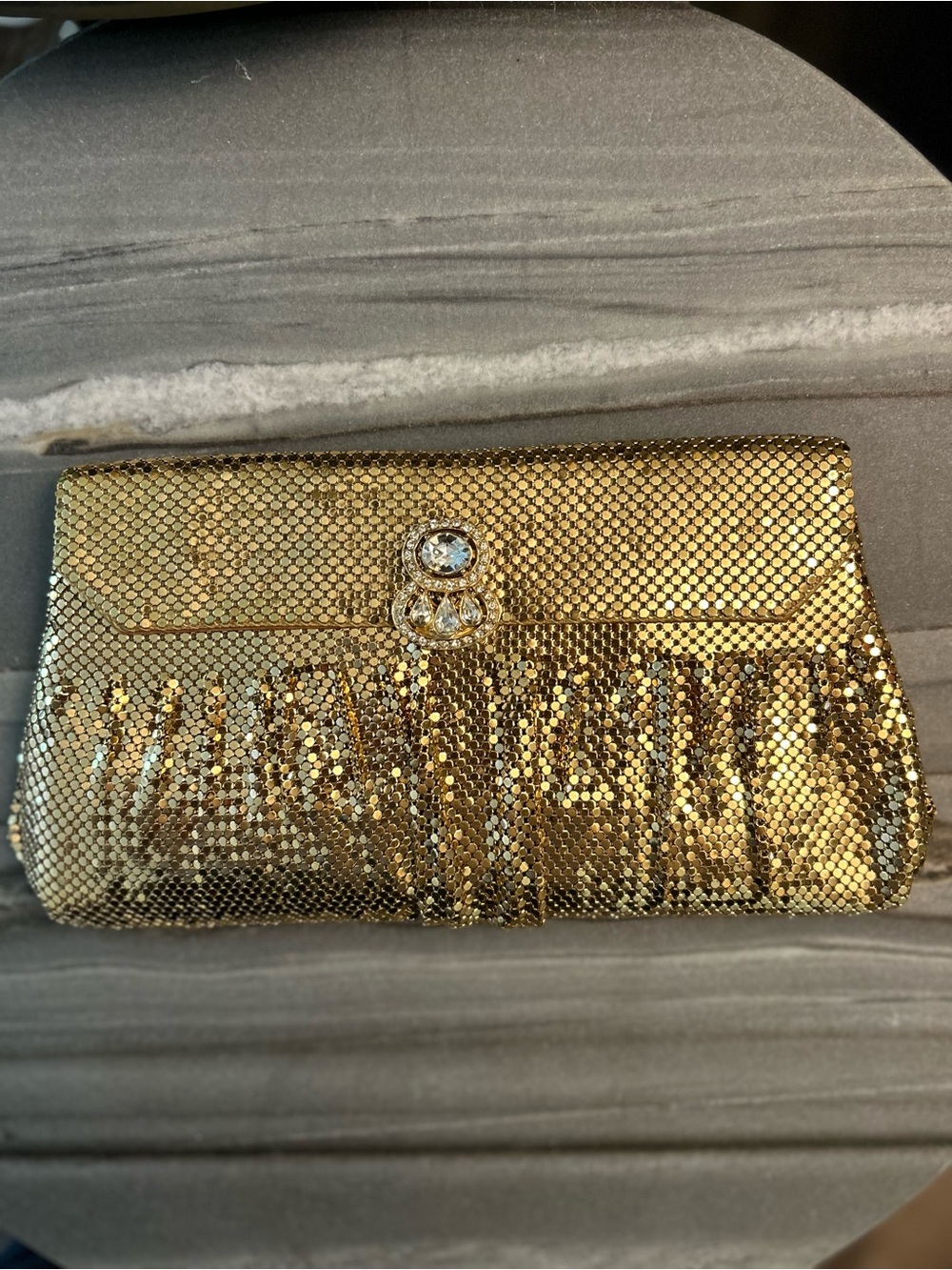 Whiting & Davis Vintage 1950s Gold Metal Mesh Rhinestone Clutch